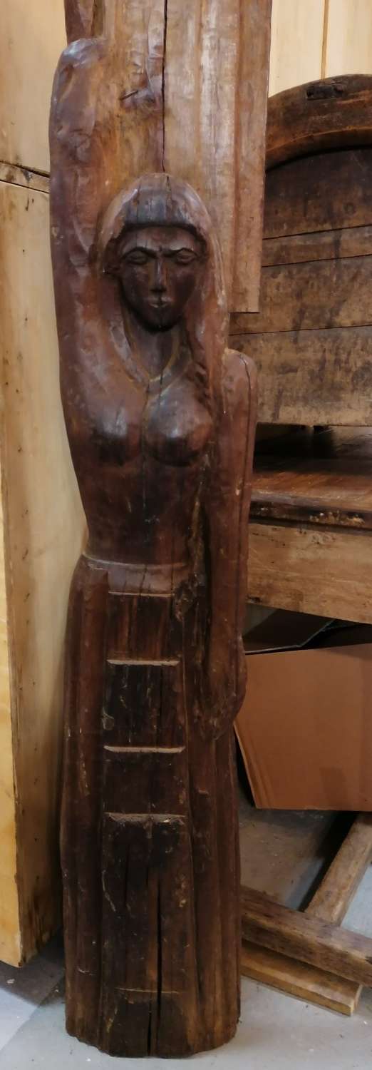 19th C Carved Wood Female Figure